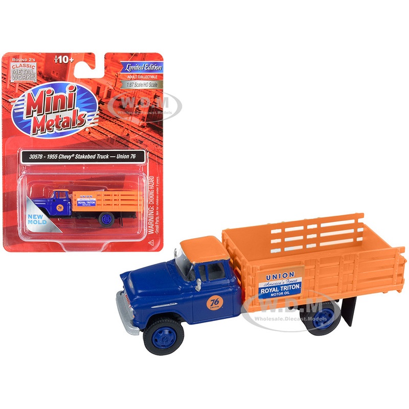 1955 Chevrolet Stakebed Truck Union 76 Blue and Orange 1/87 (HO) Scale Model by Classic Metal Works