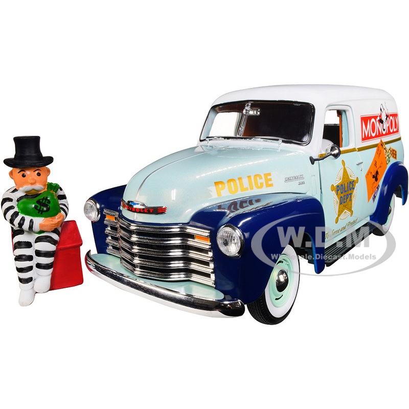 1948 Chevrolet Panel Police Van with Mr. Monopoly Figurine Monopoly 1/18 Diecast Model Car by Auto World