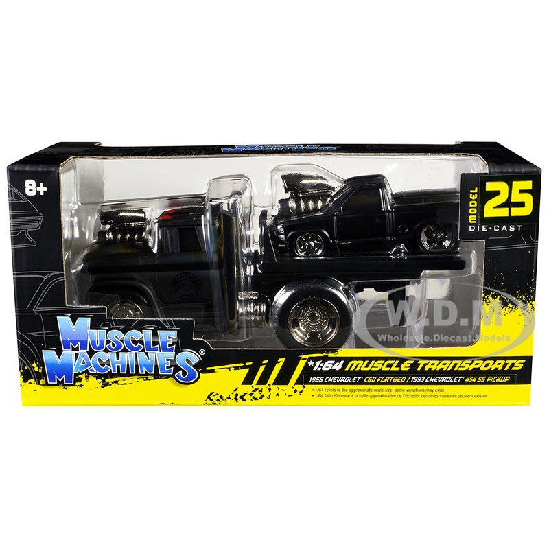 1966 Chevrolet C60 Flatbed Truck Matt Black and 1993 Chevrolet 454 SS Pickup Truck Matt Black Muscle Transports Series 1/64 Diecast Models by Muscle Machines