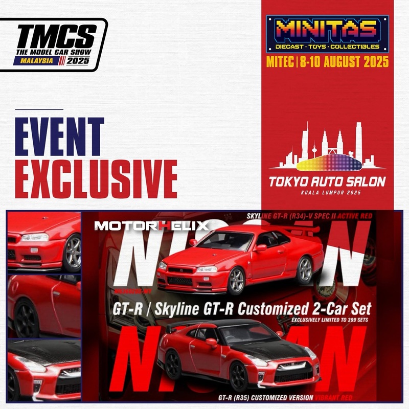 Motorhelix Nissan Skyline GT-R (R34)-V Spec II Active Red & Nissan GT-R (R35) Customised Version Vibrant Red 2-Car Set | TASKL25 EXCLUSIVE