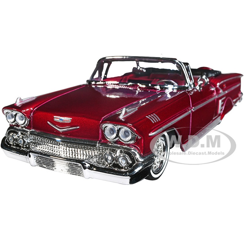 1958 Chevrolet Impala Convertible Lowrider Dark Red Metallic with Red Interior Get Low Series 1/24 Diecast Model Car by Motormax