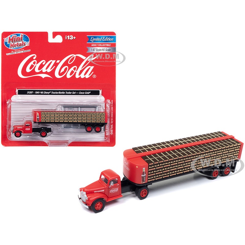 1941-1946 Chevrolet Tractor Red with Flatbed Bottle Trailer Coca-Cola Mini Metals Series 1/87 (HO) Scale Model Car by Classic Metal Works