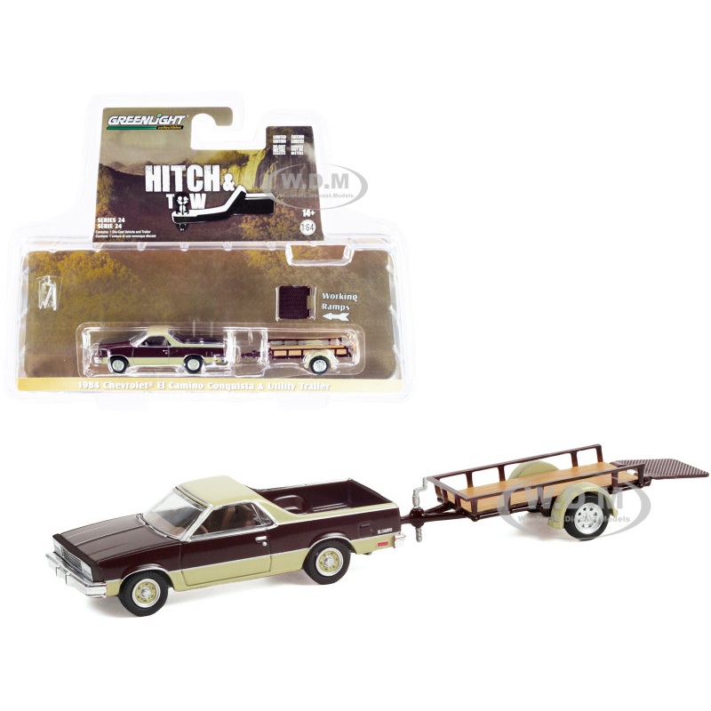 1984 Chevrolet El Camino Conquista Maroon Metallic and Beige with Utility Trailer Hitch & Tow Series 24 1/64 Diecast Model Car by Greenlight