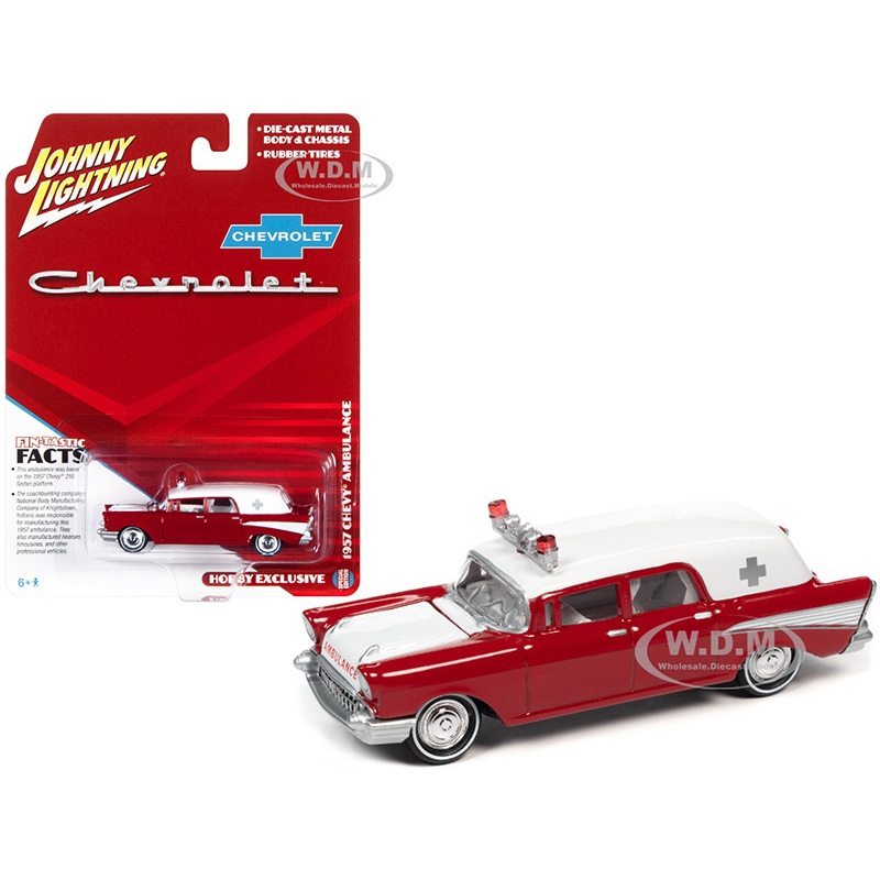 1957 Chevrolet Ambulance Kosmos Red and White with White Interior 1/64 Diecast Model Car by Johnny Lightning