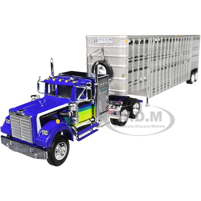 White Western Star 4900 with 36 Vintage Flat Top Sleeper and Wilson 45′ Vintage Livestock Trailer Blue with Stripes 1/64 Diecast Model by DCP/First Gear