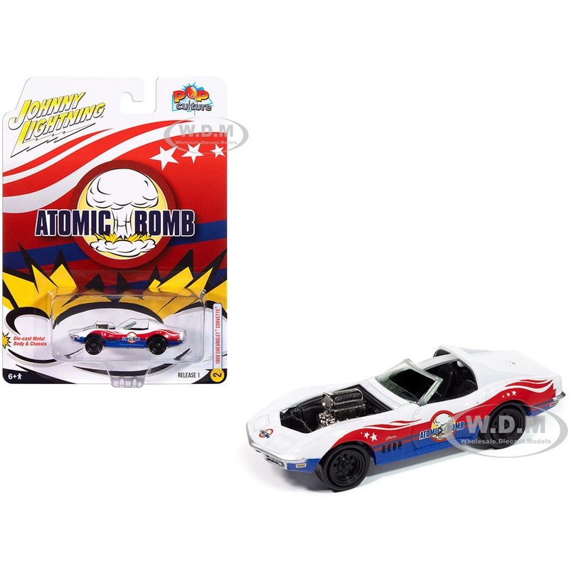 1969 Chevrolet Corvette Atomic Bomb White with Red and Blue Graphics Stuntman Mike’s Ride Along Racing Pop Culture 2025 Release 1 1/64 Diecast Model Car by Johnny Lightning