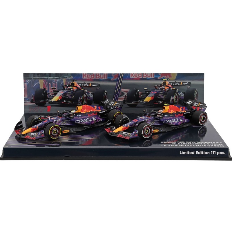 RED BULL – SET 2X F1  RB19 TEAM ORACLE RED BULL RACING N 1 WORLD CHAMPION WINNER LAS VEGAS USA GP 2023 MAX VERSTAPPEN + N 11 3rd LAS VEGAS USA GP 2023 SERGIO PEREZ – PURPLE YELLOW RED