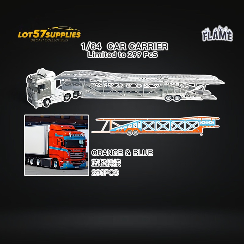 (Pre-Order) Flame Scania Car Carrier Transport Truck Orange Blue 1:64 – Limited to 299 Pcs