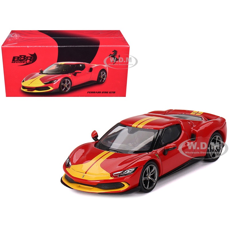 Ferrari 296 GTB Assetto Fiorano Rosso Corsa Red with Yellow Stripes 1/64 Diecast Model Car by BBR