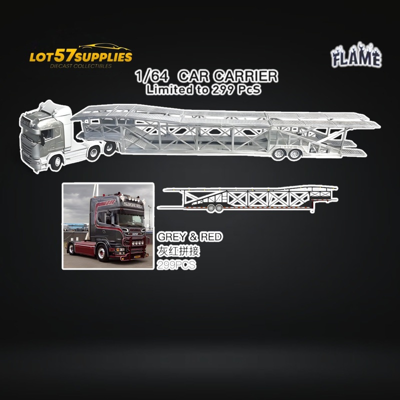 (Pre-Order) Flame Scania Car Carrier Transport Truck Grey Red 1:64 – Limited to 299 Pcs