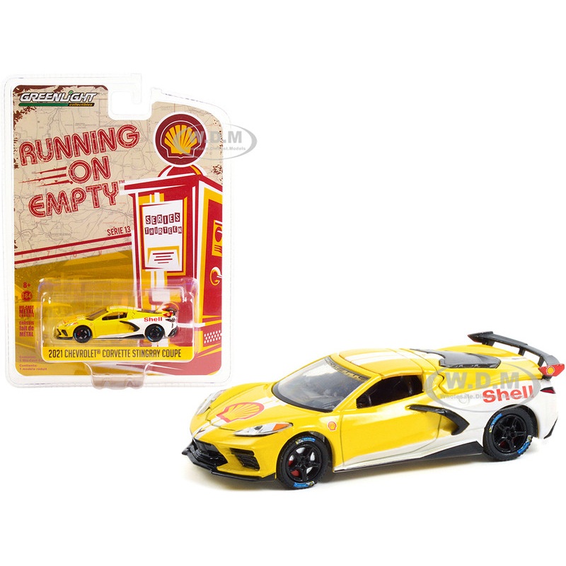 2021 Chevrolet Corvette C8 Stingray Coupe Shell Oil Yellow and White Running on Empty Series 13 1/64 Diecast Model Car by Greenlight