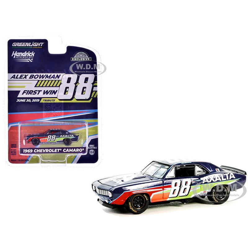 1969 Chevrolet Camaro #88 Alex Bowman – Hendrick Motorsports First Win Tribute Dark Blue with Graphics Hobby Exclusive Series 1/64 Diecast Model Car by Greenlight