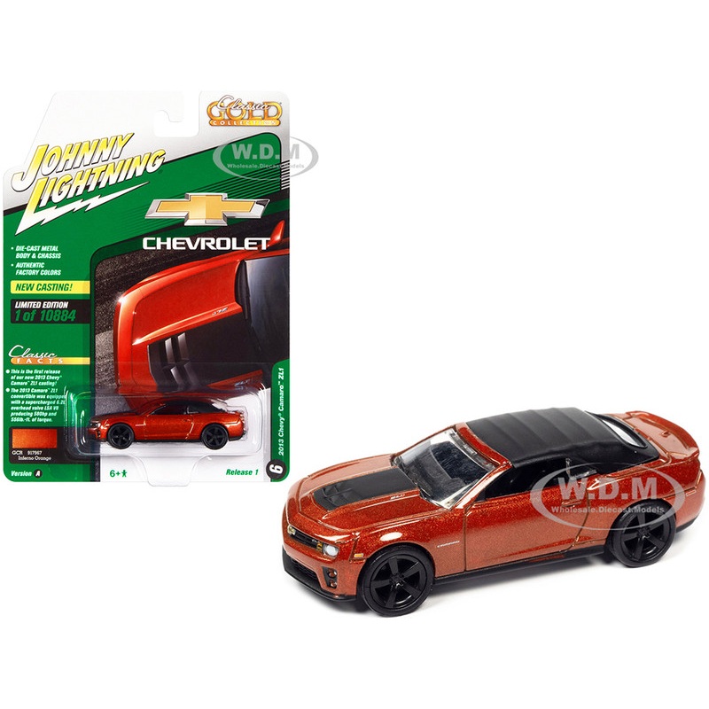 2013 Chevrolet Camaro ZL1 Convertible (Top Up) Inferno Orange Metallic with Black Top Classic Gold Collection Series Limited Edition to 10884 pieces Worldwide 1/64 Diecast Model Car by Johnny Lightning
