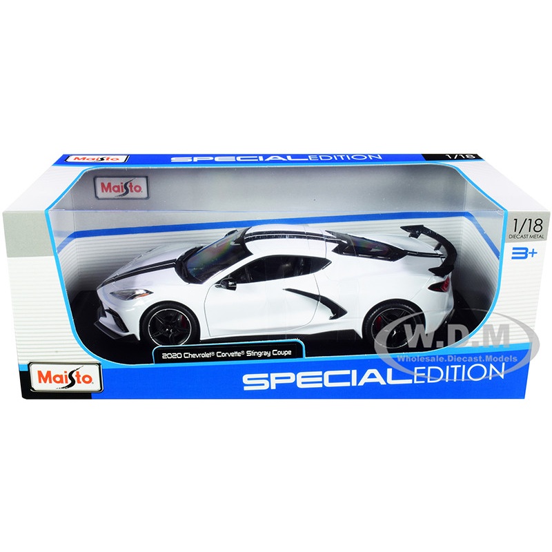 2020 Chevrolet Corvette Stingray C8 Coupe with High Wing White with Black Stripes 1/18 Diecast Model Car by Maisto