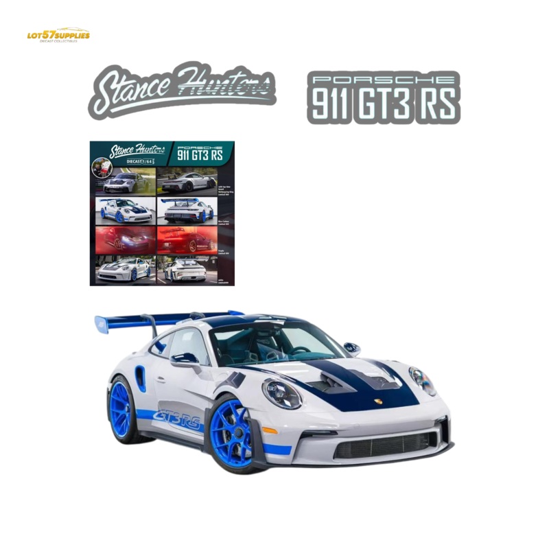 (Pre-Order) Stance Hunters Porsche 911 GT3 RS – White – Blue Carbon 1:64