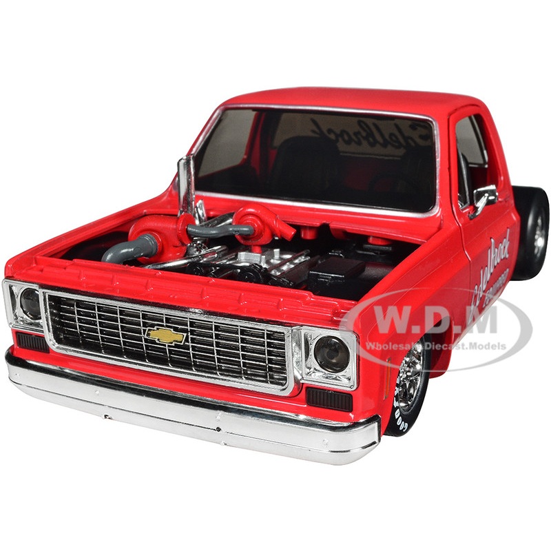 1973 Chevrolet Cheyenne Super 10 Square Body Bedless Truck Bright Red with Graphics Edelbrock Limited Edition to 3550 pieces Worldwide 1/24 Diecast Model Car by M2 Machines