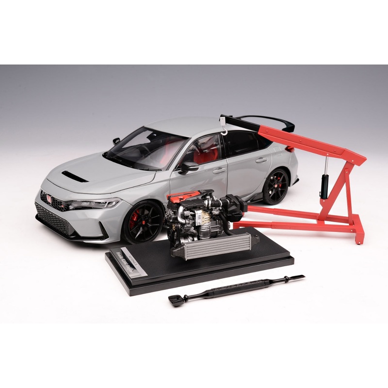 MOTORHELIX 1/18 Honda Civic Type RFL5Sonic Pearl Grey Diecast Model M85305 With Engine & Hoist
