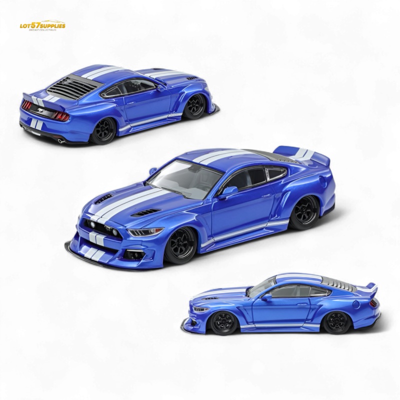 (Pre-Order) Liberty 64 Mustang Lowered Widebody Kit – Metallic Blue + White Stripes 1:64