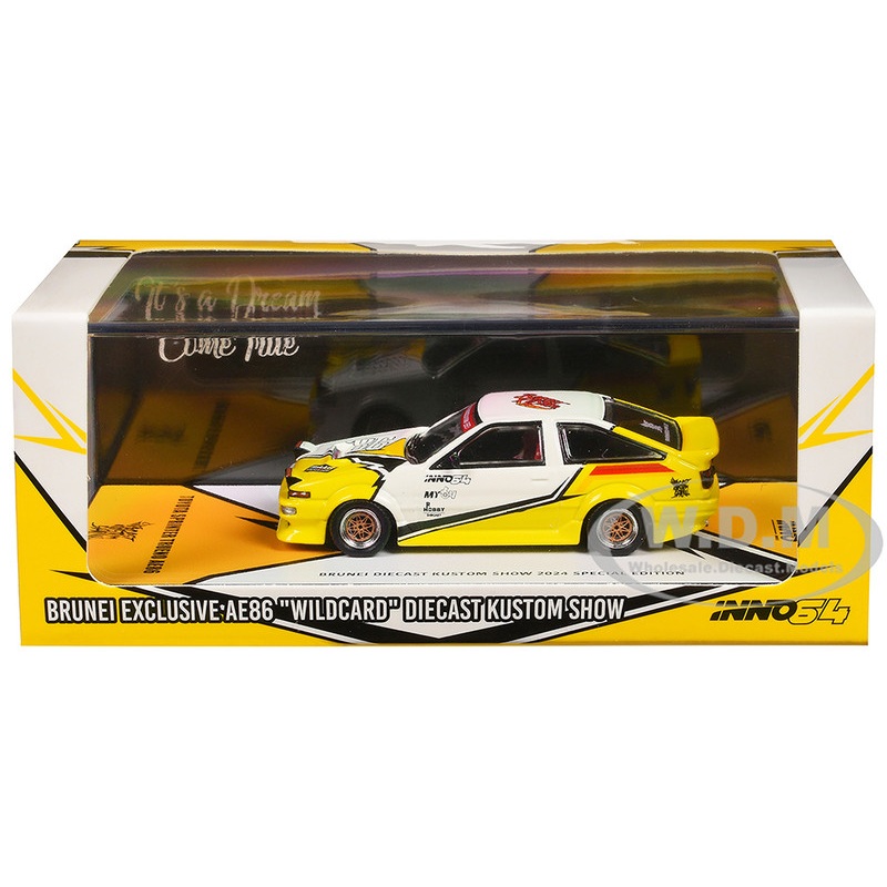 Toyota Sprinter Trueno (AE86) RHD (Right Hand Drive) Brunei Diecast Kustom Show 2024 White and Yellow with Graphics 1/64 Diecast Model Car by Inno Models