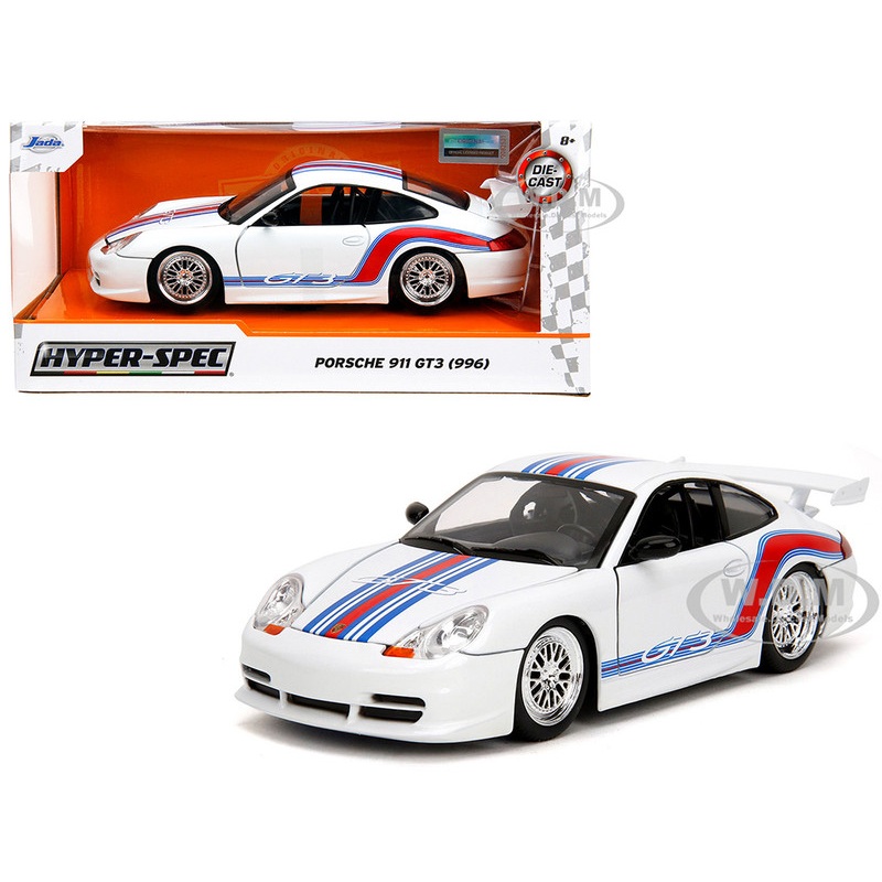 Porsche 911 GT3 (996) White with Red and Blue Stripes Hyper-Spec Series 1/24 Diecast Model Car by Jada