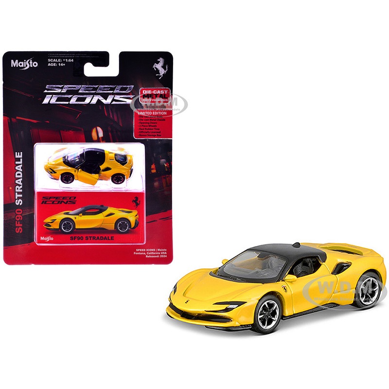 Ferrari SF90 Stradale Yellow with Black Top Speed Icons Series 1/64 Diecast Model Car by Maisto