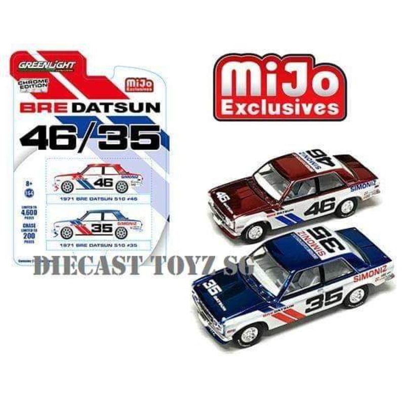 GREENLIGHT DATSUN BRE BLUEBIRD 510 CHROME ( BLUE & RED ) 2 CAR PACK MiJo Exclusives Limited