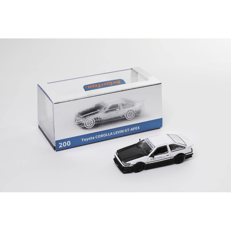 DCT 1:64 Toyota Corolla AE86 Levin GT-APEX RWB Wide Body Custom Initial D Fujiwara Edition White with Black Carbon Hood