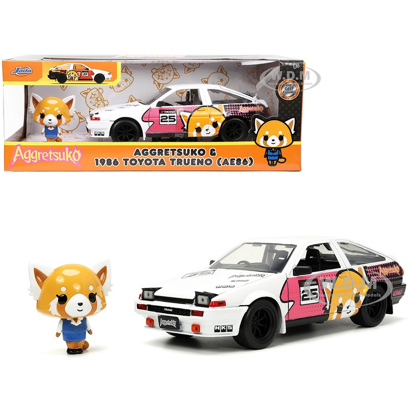 1986 Toyota Trueno (AE86) RHD (Right Hand Drive) #25 White with Graphics and Aggretsuko Diecast Figure Aggretsuko Anime Hollywood Rides Series 1/24 Diecast Model Car by Jada
