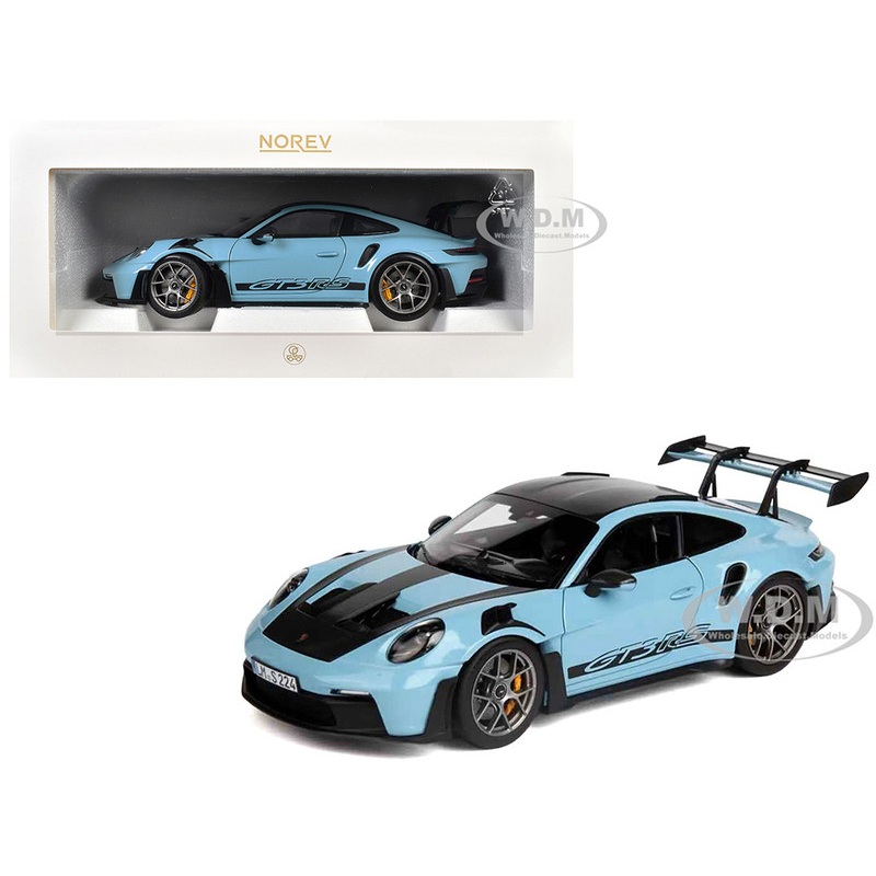 2022 Porsche 911 GT3 RS Weissach Pack Gulf Blue with Carbon Top and Hood Stripes 1/18 Diecast Model Car by Norev