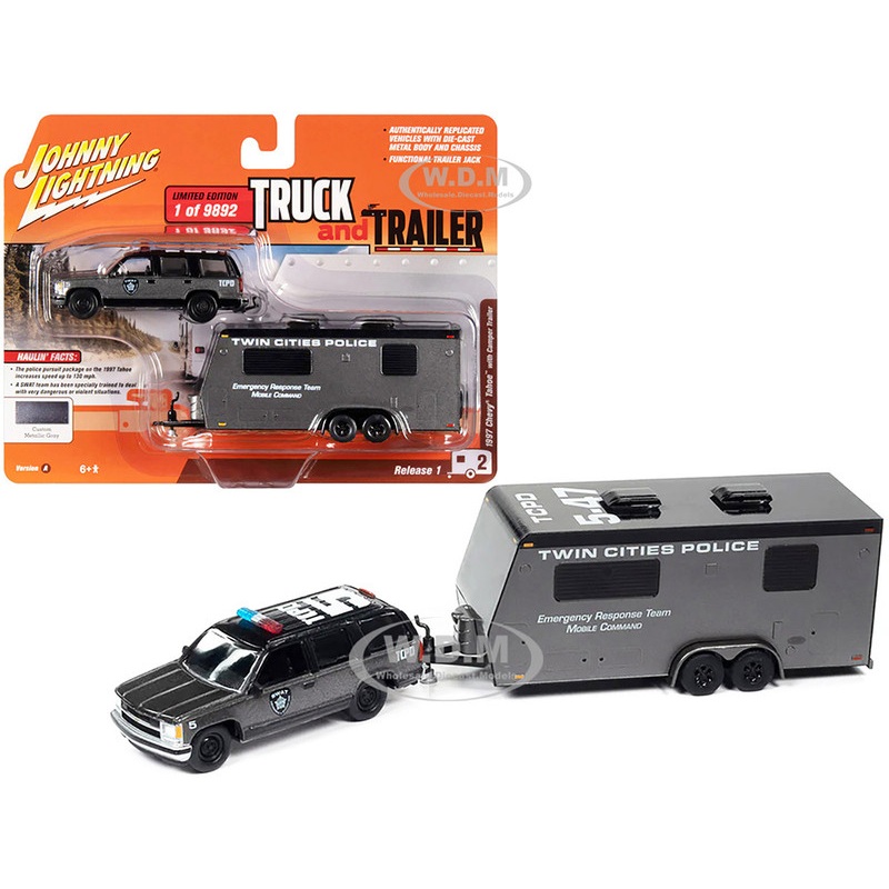 1997 Chevrolet Tahoe SWAT Custom Gray Metallic and Black with Twin Cities Police Camper Trailer Limited Edition to 9892 pieces Worldwide Truck and Trailer Series 1/64 Diecast Model Car by Johnny Lightning