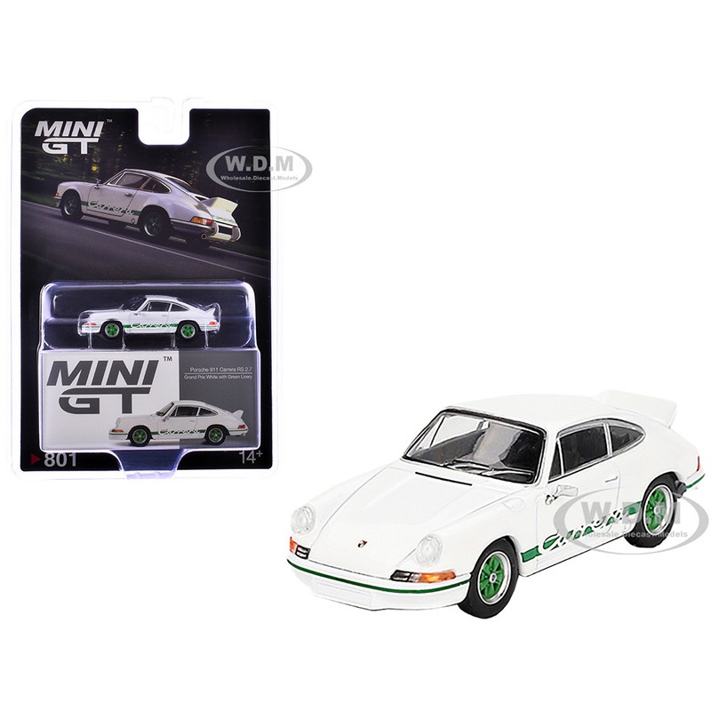 Porsche 911 Carrera RS 2.7 Grand Prix White with Green Stripes and Wheels Limited Edition 1/64 Diecast Model Car by Mini GT