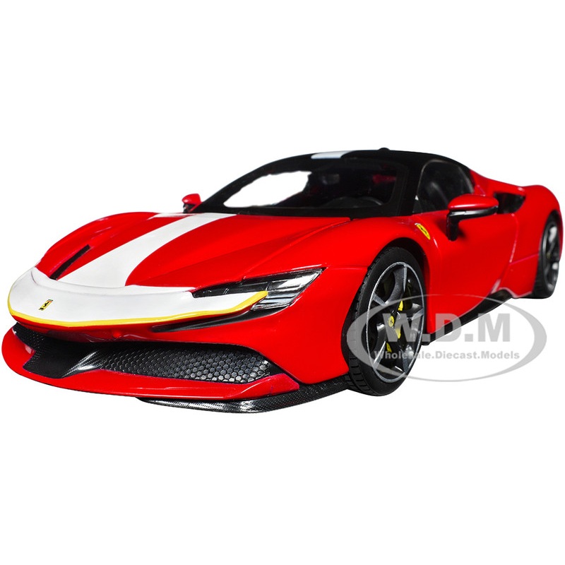 Ferrari SF90 Stradale Assetto Fiorano Red with White Stripes Signature Series 1/18 Diecast Model Car by Bburago