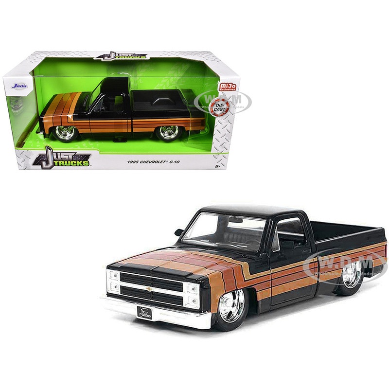1985 Chevrolet C-10 Pickup Truck Black with Stripes and GM Rally Wheels Just Trucks Series 1/24 Diecast Model Car by Jada
